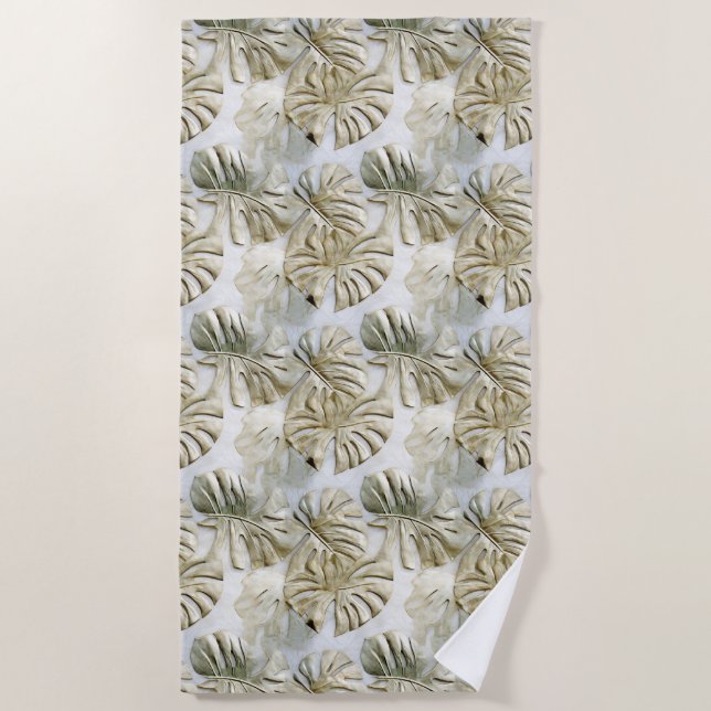 White Gold Green Tropical Leaves Beach Towel (Front)