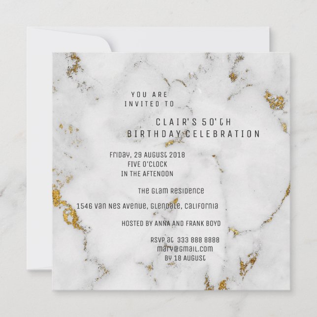 White Gold Grey Marble Geometric Square Party Invitation (Front)