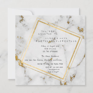 White Gold Grey Marble Geometric Square Party Invitation