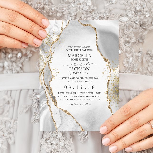 White, Gold & Grey Mist Agate Wedding Invitation (Creator Uploaded)