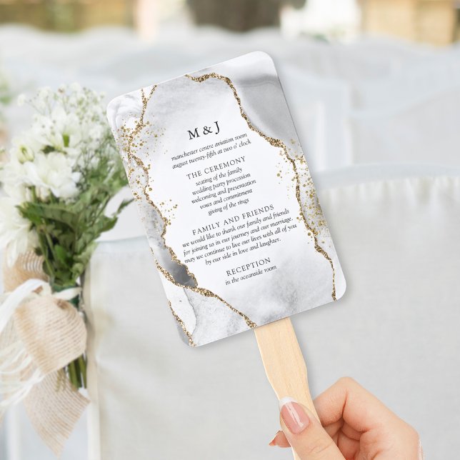 White, Gold & Grey Mist Agate Wedding Program Hand Fan (Creator Uploaded)