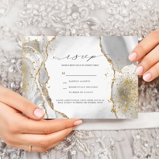 White, Gold & Grey Mist Agate Wedding RSVP Invitat Invitation (Creator Uploaded)