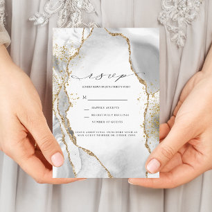White, Gold & Grey Mist Agate Wedding RSVP Invitation