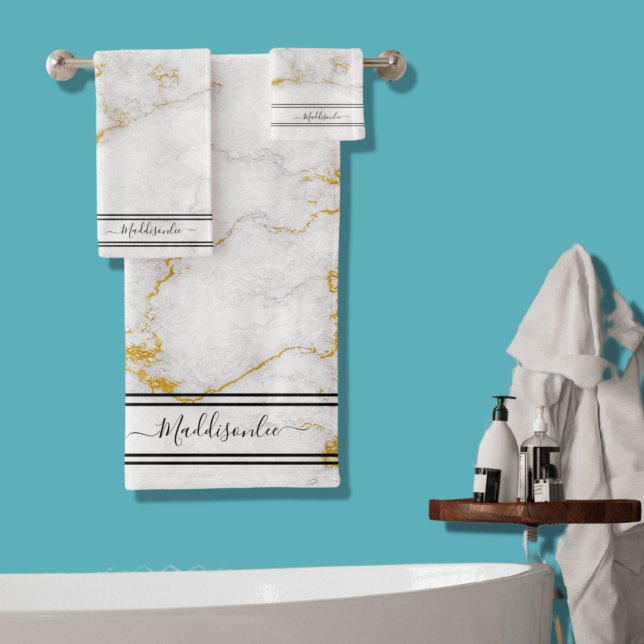 White Gold Grey Monogram Name Marble Custom Bath T Bath Towel Set (Creator Uploaded)