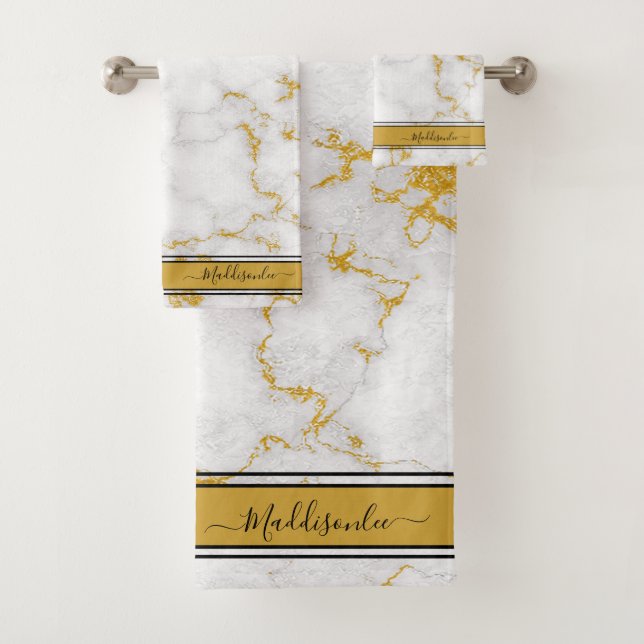 White Gold Grey Monogram Name Marble Custom  Bath Towel Set (Insitu)