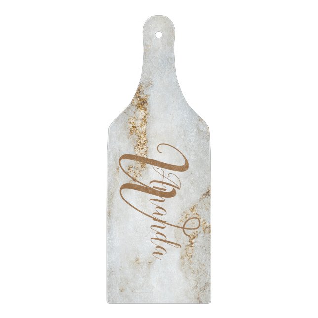 White Gold Grey Monogram Name Marble Cutting Board (Front)