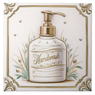 White & Gold Handwash Soap Pump Bottle Bathroom Ceramic Tile