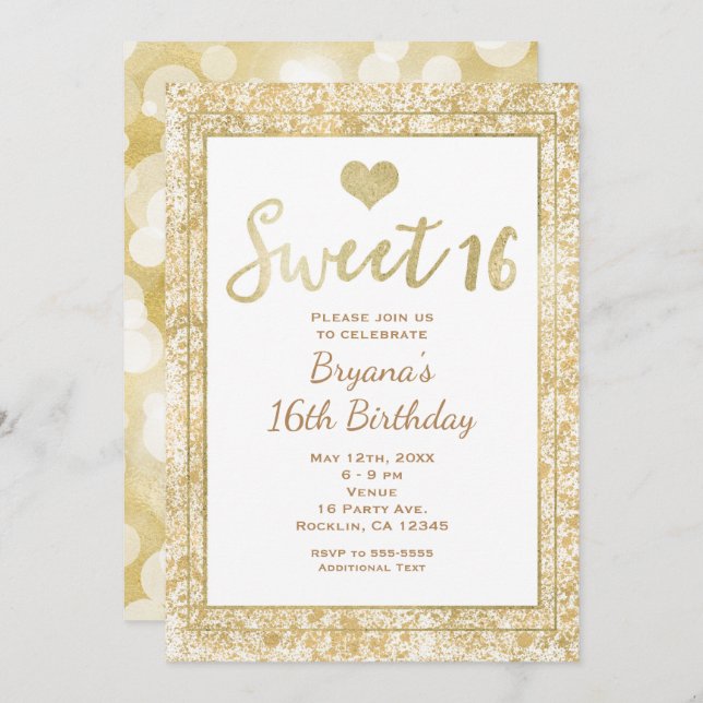 White & Gold Heart Glam SWEET 16 Party Invitation (Front/Back)