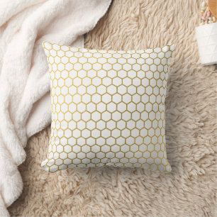 White & Gold Hexagon Geometric Pattern Cushion