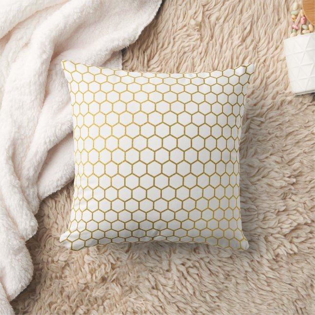 White & Gold Hexagon Geometric Pattern Cushion (Blanket)