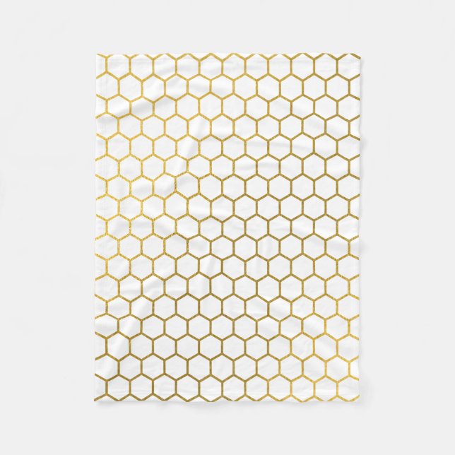 White & Gold Hexagon Geometric Pattern Fleece Blanket (Front)