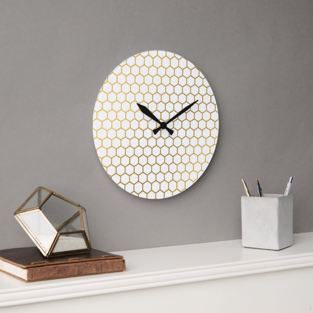 White & Gold Hexagon Geometric Pattern Large Clock (Office)