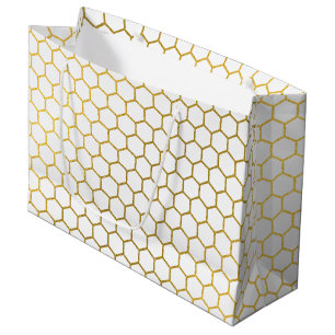 White & Gold Hexagon Geometric Pattern Large Gift Bag
