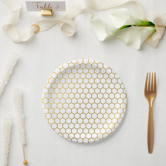 White & Gold Hexagon Geometric Pattern Paper Plate (Wedding)