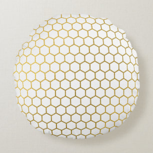 White & Gold Hexagon Geometric Pattern Round Cushion