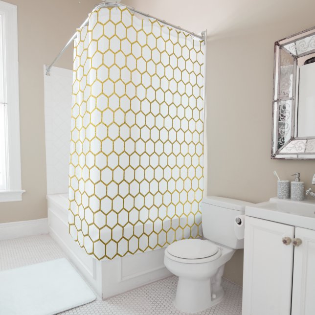 White & Gold Hexagon Geometric Pattern Shower Curtain (In Situ)
