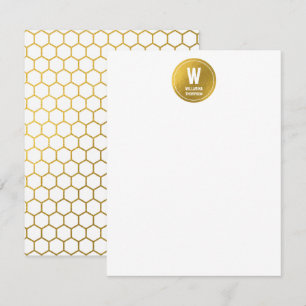 White & Gold Hexagon Pattern Monogram Initial Card