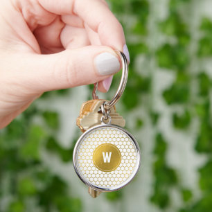 White & Gold Hexagon Pattern Monogrammed Initial Key Ring