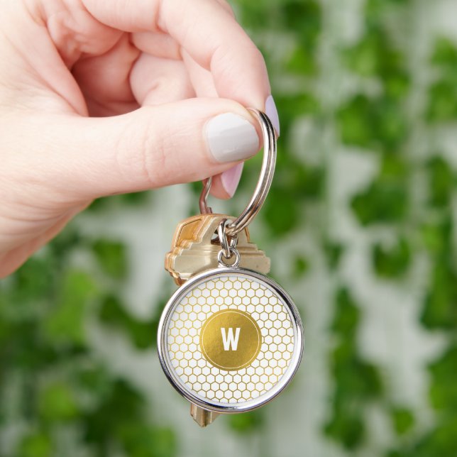 White & Gold Hexagon Pattern Monogrammed Initial Key Ring (Hand)