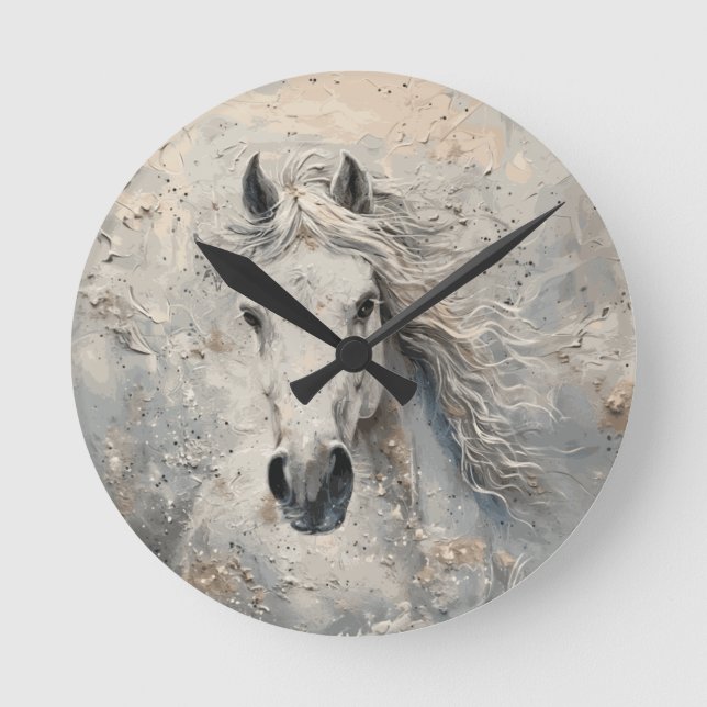 White Gold Horse Lover  Round Clock (Front)