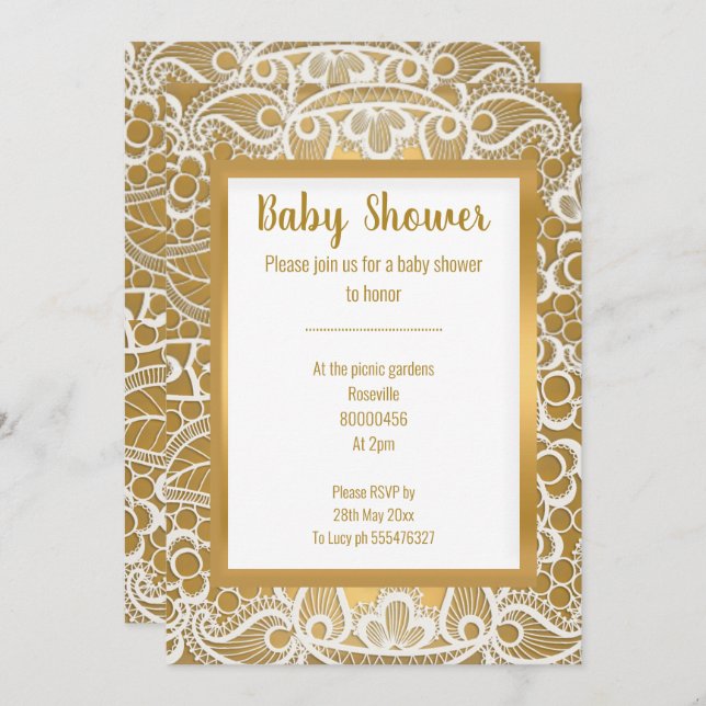 WHITE GOLD  LACE GOLD TRIM ELEGANT BABY SHOWER INVITATION (Front/Back)