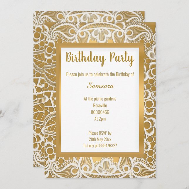 WHITE GOLD LACE GOLD TRIM ELEGANT BIRTHDAY INVITATION (Front/Back)