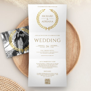 White Gold Laurel Minimal QR Code Wedding Tri-Fold Invitation