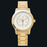 White Gold Law Justice Logo Monogram Watch<br><div class="desc">Cool gold tones elegant justice logo with laurel wreath,  justice scale,  and a customisable name.
An elegant design for law officers.</div>