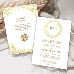 White Gold Leaf Branch QR Code Wedding Invitation