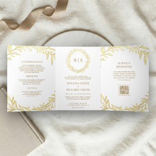 White Gold Leaf Branch QR Code Wedding Tri-Fold Invitation