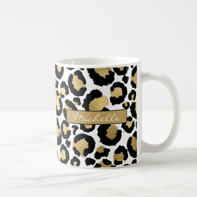 White & Gold Leopard Personalized Coffee Mug (Right)