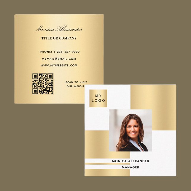 White gold logo photo QR code Square Business Card (Creator Uploaded)