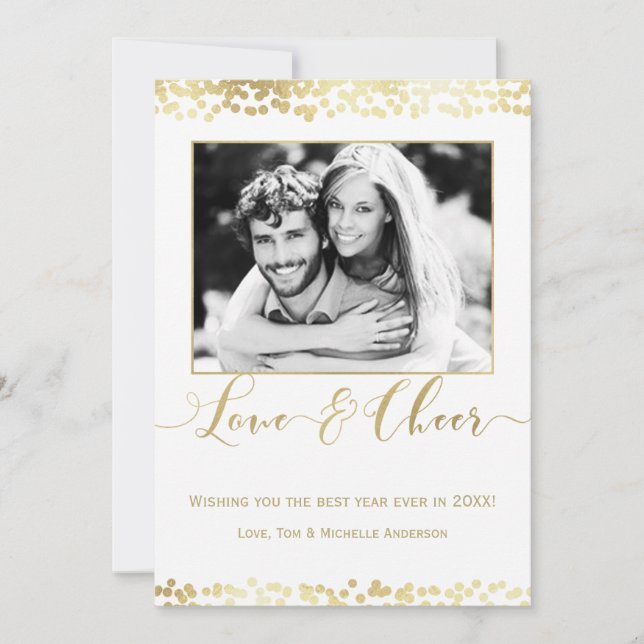 White & Gold LOVE & CHEER Modern New Years Photo Holiday Card (Front)