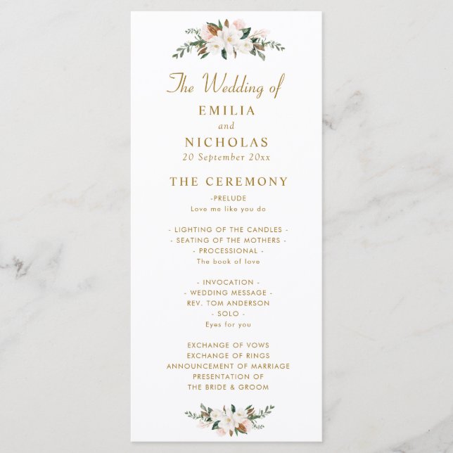 white & gold magnolia floral wedding program (Front)