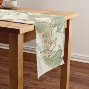 White Gold Magnolia Flower Blossoms Table Runner
