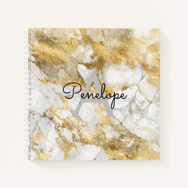 White Gold Marble and Monogram Sketchbook Notebook (Front)