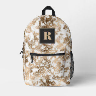 White & Gold Marble Black Monogram Printed Backpack