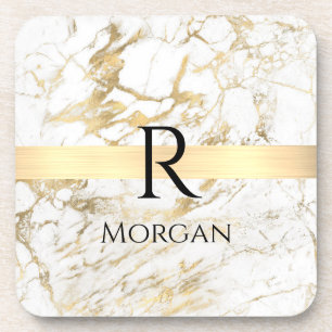 White & Gold Marble, Black Name & Monogram Coaster