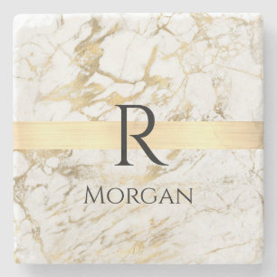 White & Gold Marble, Black Name & Monogram Stone Coaster