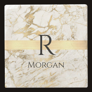 White & Gold Marble, Black Name & Monogram Stone Coaster