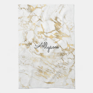 White & Gold Marble, Black Script Name or Monogram Tea Towel