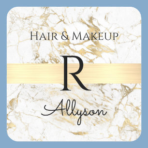 White/Gold Marble Bus Promo, Name Initial Service Square Sticker