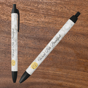 White Gold Marble Business Logo & Name Promotional Black Ink Pen