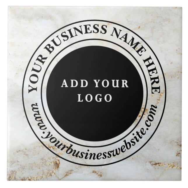 White & Gold Marble Custom Business Logo  Ceramic Tile (Front)