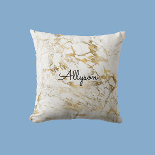 White & Gold Marble, DIY Black Name or Monogram Cushion