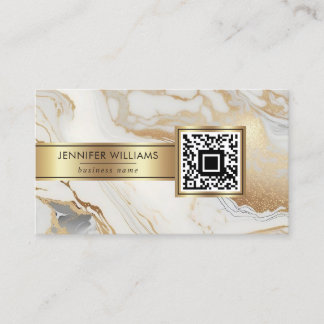 White Gold Marble Elegant Modern Custom QR Code  Business Card