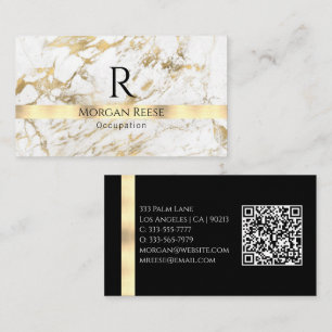 White/Gold Marble Generate QR code Name & Monogram Business Card