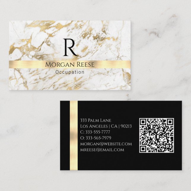 White/Gold Marble Generate QR code Name & Monogram Business Card (Front/Back)