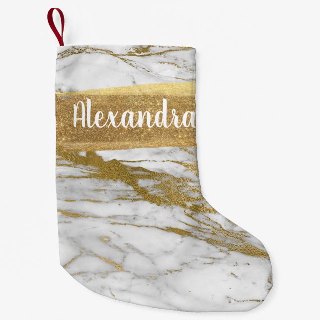 White & Gold Marble Glitter and Sparkle Monogram Small Christmas Stocking (Front)