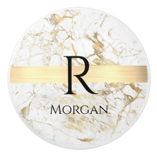 White/Gold Marble, Gold Bar, Black Name & Monogram Ceramic Knob